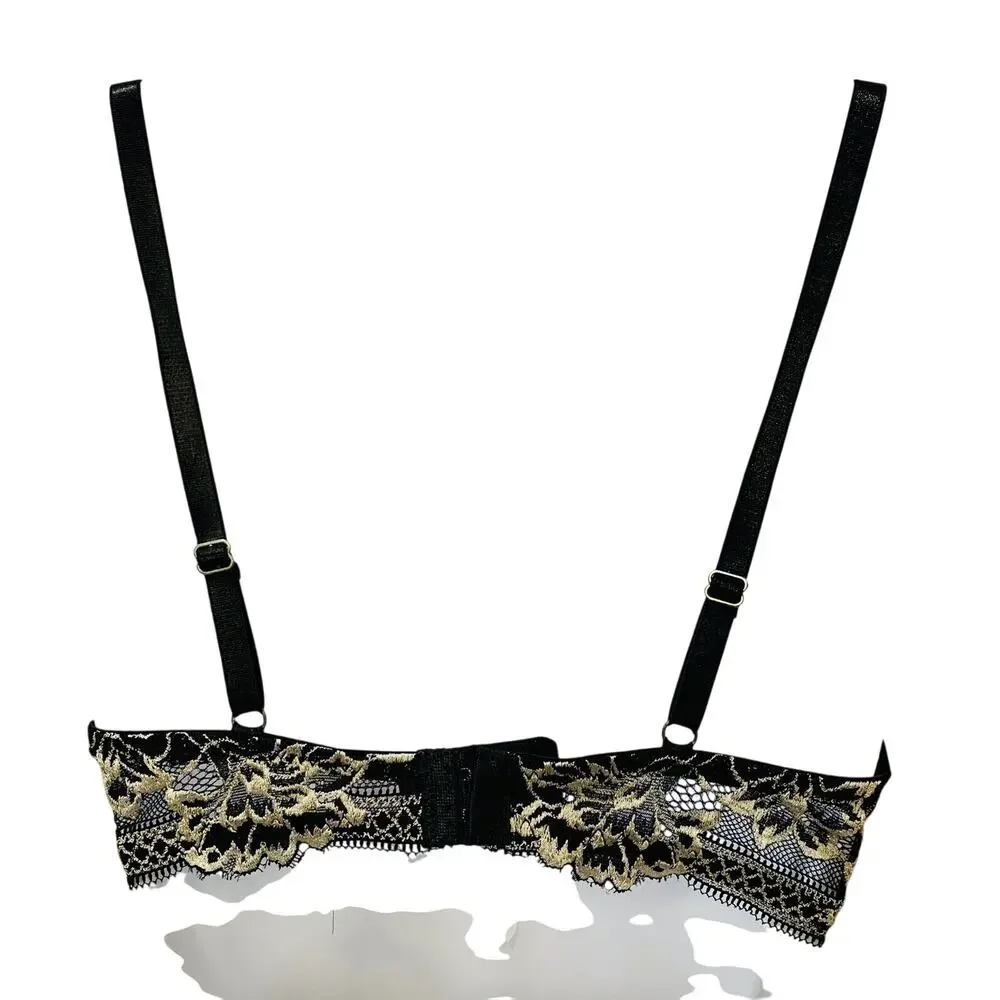 Rene Rofa Bra Underwire Padded 34B Black Beige Floral Lace Pushup Sexy Used - Picture 4 of 12